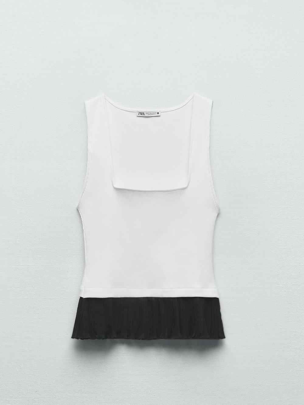 Zara White Tank Top with Black Pleated Hem